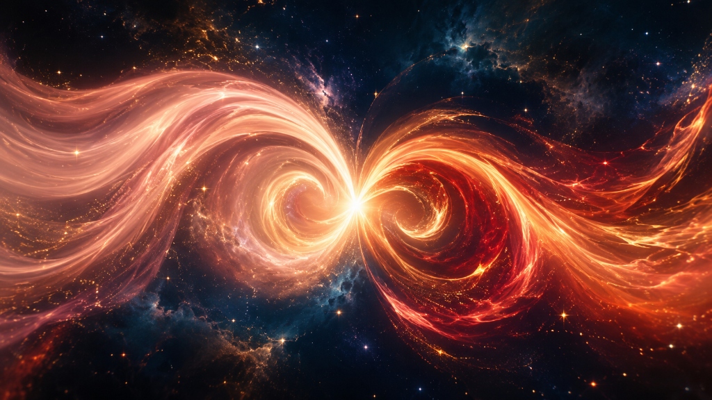 Zwei sanft leuchtende, ineinander verschmelzende Energiewirbel in Rosegold und Rotgold tanzen vor einem naechtlichen Sternenhimmel und symbolisieren die Dynamik von Venus und Mars in der Synastrie