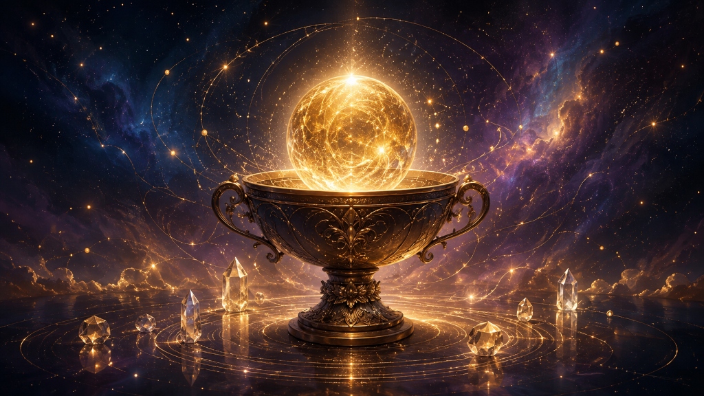 Der Glückspunkt im Geburtshoroskop: Eine leuchtende goldene Sphäre schwebend über einer Kelch-Schale inmitten von Sternenkonstellationen.