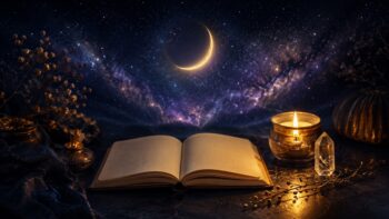 Neumond-Rituale: Ein aufgeschlagenes Notizbuch vor einer brennenden Kerze und Bergkristall unter der goldenen Sichel des Neumonds.