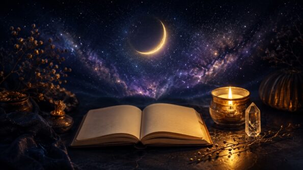 Neumond-Rituale: Ein aufgeschlagenes Notizbuch vor einer brennenden Kerze und Bergkristall unter der goldenen Sichel des Neumonds.