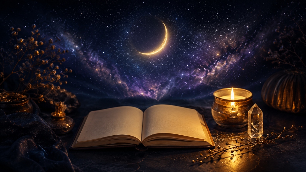 Neumond-Rituale: Ein aufgeschlagenes Notizbuch vor einer brennenden Kerze und Bergkristall unter der goldenen Sichel des Neumonds.