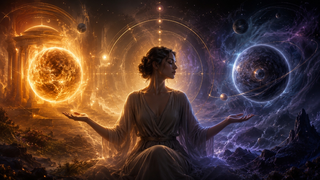 Planeten in Domizil und Exil: Eine meditierende Gestalt zwischen einem goldenen Domizil-Tempel und einer dunstigen Exil-Sphäre.