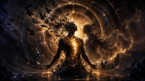 Pluto und das Seelenthema: Eine sich erhebende Lichtgestalt inmitten alchemistischer Goldstrahlen und Wandlungssphären.
