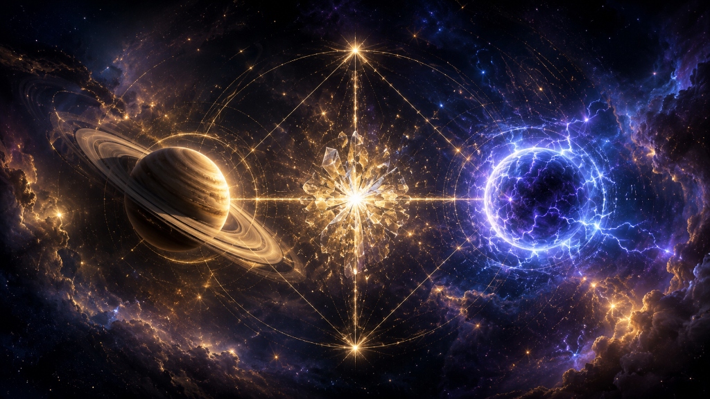 Das Quadrat der Entwicklung: Ein goldener Saturn und eine blaue Uranus-Sphäre gekreuzt von einem strahlenden Lichtquadrat.