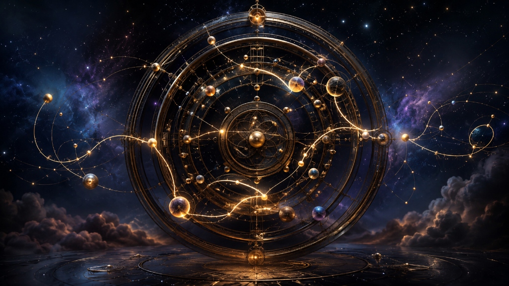 Der rote Faden im Geburtshoroskop: Ein edles Astrolabium aus dunklem Messing mit einem goldenen Lichtfaden, der Planetenkugeln verbindet.