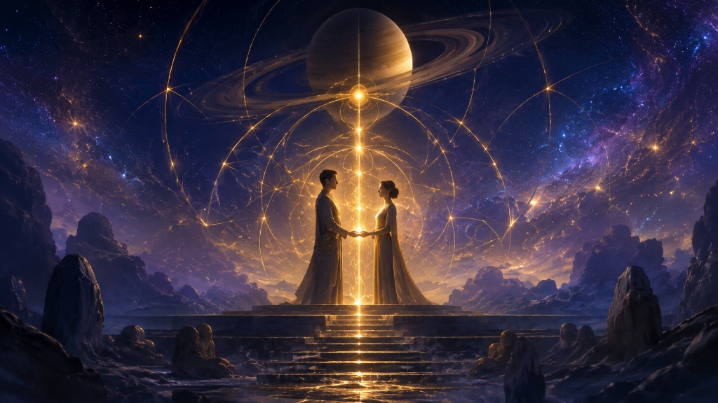 Saturn-Aspekte im Paar-Chart: Ein Paar hält sich die Hände unter einer leuchtenden Saturn-Ring-Struktur und nächtlicher Sternenarchitektur.
