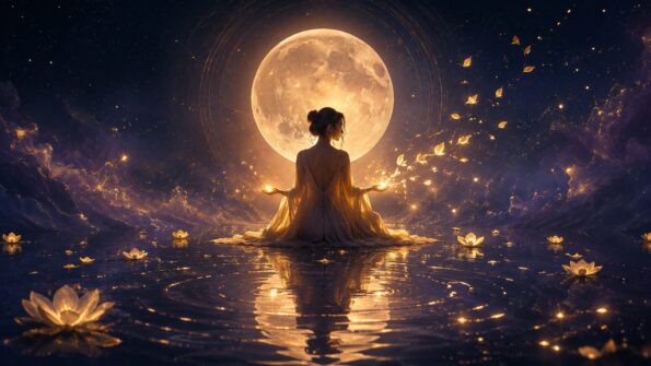 Vollmond-Reflexion: Eine meditierende Frau vor dem strahlenden Vollmond über einer spiegelnden Wasserfläche mit Goldfunken.