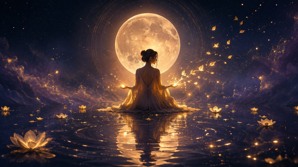 Vollmond-Reflexion: Eine meditierende Frau vor dem strahlenden Vollmond über einer spiegelnden Wasserfläche mit Goldfunken.